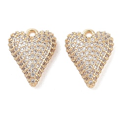 Настоящее золото 18K Латунные микропаве прозрачные подвески с фианитом, без кадмия, без никеля и без свинца, сердце, реальный 18 k позолоченный, 15.5x12x4 мм, отверстие : 1.6 мм