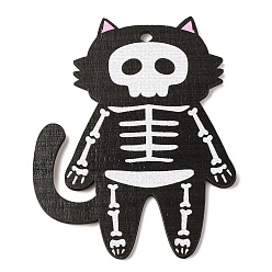 Cat Shape Большие деревянные подвески с принтом в стиле Хэллоуина, форма кошки, 99x71x2.5 мм, отверстие : 4 мм