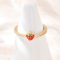 Настоящее золото 18K Регулируемые манжетные кольца с микропаве из кубического циркония из латуни, клубника, с эмалью, стойки покрытие, долговечный, без кадмия и без свинца, реальный 18 k позолоченный, внутренний диаметр: регулируемый, клубника: 5.5x5 мм