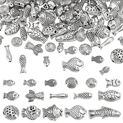 Mixed Color 142Pcs 16 Styles Tibetan Style Zinc Alloy Beads, Fish, Mixed Color, 8.5~16.5x4~13mm, Hole: 0.8~1mm