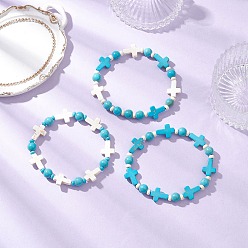 Synthetic Turquoise 3Pcs Synthetic Turquoise Beaded Stretch Bracelets for Men Women, Cross & Round, Inner Diameter: 2~2-1/4 inch(5~5.8cm) 