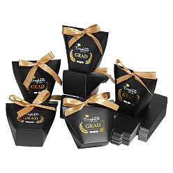 Black 40Pcs Congrats Grad Cardboard Paper Gift Storage Boxes, with Gold Polyester Ribbons, Trapezoid, Black, 12x20.5cm