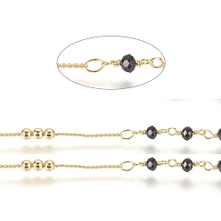 Black Brass Handmade Beaded Chain, Curb Chains, with Faceted Glass Bead, Long-Lasting Plated, Real 18K Gold Plated, Unwelded, with Spool, Black, 10x3mm, 45x2.8mm, about 32.8 Feet(10m)/roll