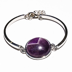 Аметист Браслет с плоскими круглыми звеньями и натуральным аметистом, с изогнутой трубкой, 7-1/8 дюйм (18 см)