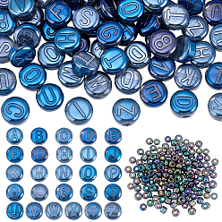 Сланцево-синий 104 шт. 26 стили гальванизированные стеклянные бусины, 150 шт. Стеклянные бусины, плоские круглые с письмом ~ г, с покрытием цвета радуги, синевато-серый, 10x5 мм и 4 мм, отверстие : 1 мм