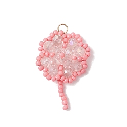 Бледно-Розовый Подвески из стеклянных бусин ручной работы в виде клевера, с 304 кольцами из нержавеющей стали и стеклом, граненые, розовый жемчуг, 30x28x5 мм, отверстие : 3 мм
