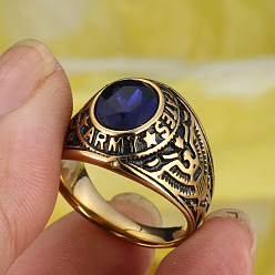 Темно-Синий 304 мужские перстни из нержавеющей стали с кубическим цирконием, овальные, античное золото , темно-синий, 20 мм, размер США 11 (20.6 мм)