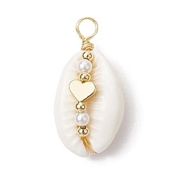 Сердце Подвески из натуральной медной проволоки из ракушек каури, латунные подвески с ракушечными жемчужинами, золотые, сердце, 27~28.5x12.5~14x10.5~11.5 мм, отверстие : 3.5~4.5 мм