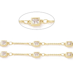 Real 18K Gold Plated Brass Bar & Squarel Link Chains, with Clear Cubic Zirconia, Lead Free & Cadmium Free, Soldered, with Spool, Real 18K Gold Plated, 15x1x1.5mm, 10x5x2mm