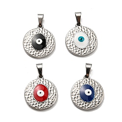 Mixed Color 304 Stainless Steel Pendants, with Enamel, Flat Round with Evil Eye Charm, Stainless Steel Color, Mixed Color, 18x16x2.5mm, Hole: 5.5x3.5mm