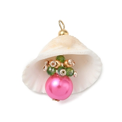 Темно-Розовый Подвески из натуральных ракушек и круглого стекла, подвески в форме ракушки с железными петлями, золотые, темно-розовыми, 32x27~30x17 мм, отверстие : 2.5 мм