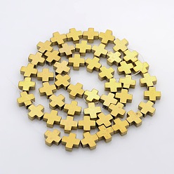 с Золотистым Покрытием Греческий крест Electroplate немагнитных синтетический гематит бисер пряди, с золотым покрытием, 8x8x3 мм, отверстие : 1 мм, около 48 шт / нитка, 15.8 дюйм