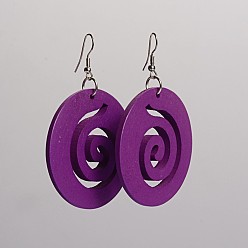Фиолетовый Плоские круглые кружили деревянные мотаться, с платиновым покрытием серьги железа крючки, фиолетовые, 71x50 мм , штифт: 0.8 мм