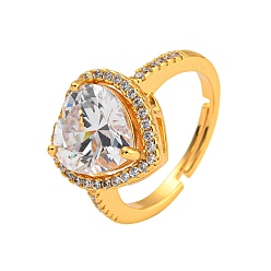 Golden Rack Plating Brass Micro Pave Cubic Zirconia Adjustable Rings, Heart, Golden, Inner Diameter: 17mm