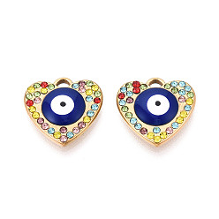 Темно-Синий 304 из нержавеющей стали горный хрусталь подвески, обереги в форме сердца и от сглаза, с эмалью, вакуумное покрытие pvd, реальный 18 k позолоченный, темно-синий, 16x16x3 мм, отверстие : 1.6x2.5 мм