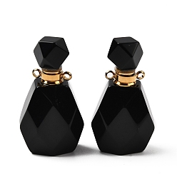 Обсидиан Кулоны для духов из натурального обсидиана, подвески-бутылки с ограненными драгоценными камнями и 304 фурнитурой из нержавеющей стали, золотые, 35~35.5x20~20.5x13.5~14 мм, отверстие : 1.8 мм