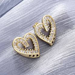 Настоящее золото 18K Серьги-гвоздики из латуни с микро-паве и прозрачным фианитом в форме сердца, долговечный, без свинца и без кадмия, реальный 18 k позолоченный, 22x19 мм