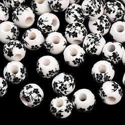 Black Floral Printed Porcelain Beads, Flower Patterned Ceramic Beads, Round, Black, 6mm, Hole: 2mm