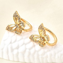 Настоящее золото 18K Латунные серьги-манжеты из прозрачного кубического циркония, бабочка, реальный 18 k позолоченный, 13.5x12.5x14 мм