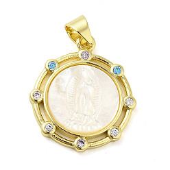 Real 18K Gold Plated Rack Plating Brass Micro Pave Cubic Zirconia Pendants, with Shell, Long-Lasting Plated, Cadmium Free & Lead Free, Flat Round Charm, Real 18K Gold Plated, 20.5x18x3.5mm, Hole: 4.5x4mm