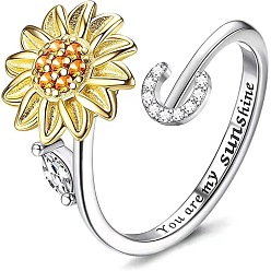 Letter C Регулируемые вращающиеся манжеты из латуни со стразами, письмо и подсолнух, Словом ты мое солнышко, Кольцо-спиннер для успокоения беспокойства, медитации, платина и светлое золото, буква С, внутренний диаметр: 15~20 мм