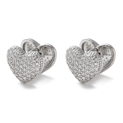 Платинированный Латунные серьги-кольца из прозрачного кубического циркония, сердце, Реальная платина, 10.5x12x12 мм