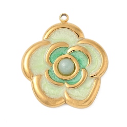 Зелено-Желтый Крашеные натуральный белый нефрит подвески, подвески-цветы из эмали из нержавеющей стали, реальный 18 k позолоченный, зеленый желтый, 24.5x21.5x4 мм, отверстие : 1.4 мм