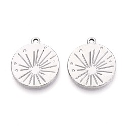 Нержавеющая Сталь Цвет 304 подвески из нержавеющей стали, плоский круглый с солнечным шармом, анти-тускнение, цвет нержавеющей стали, 25.5x22x2 мм, отверстие : 2 мм