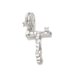 Letter T Реечное покрытие латунь микро паве кубический цирконий европейские подвески с подвесками, кулон с большой буквой и отверстием, платина, долговечный, без кадмия и без свинца, Письмо T, 25 мм, очарование: 18x12.5x2 мм, отверстие : 4x2.5 мм