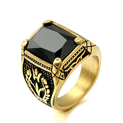 Черный 316Мужские винтажные резные кольца из нержавеющей стали с кубическим цирконием, квадратный, готические кольца, античное золото , чёрные, размер США 11 (20.6 мм)