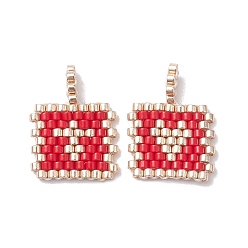 Red 2Pcs Handmade MIYUKI Round Rocailles Seed Loom Pattern, Rectangle Pendants, Red, 17.5x13.5x1.5mm, Hole: 1.2mm