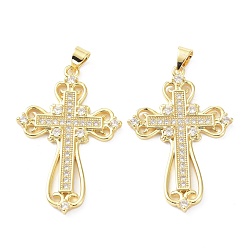 Настоящее золото 18K Латунные микро проложить кубический цирконий подвеска, долговечный, без свинца и без кадмия, крестик, реальный 18 k позолоченный, 37x25x2.5 мм, отверстие : 3.5x5 мм