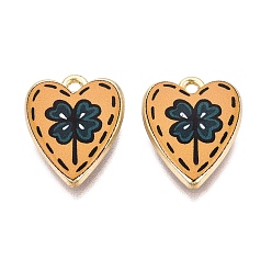 Clover Printed Alloy Pendants, Rack Plating, Heart Charms, Cadmium Free & Nickel Free & Lead Free, Golden, Clover, 19x15x4mm, Hole: 1.6~1.8mm