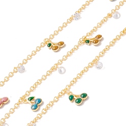 Colorful Brass Paperclip Chains, with Enamel Cherry & Clear Cubic Zirconia Charm, Soldered, with Spool, Lead Free & Cadmium Free, Golden, Colorful, 2.5x2x0.5mm, 10x7x2mm