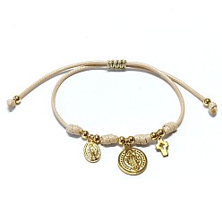 Beige Brass and Stainless Steel Cross Virgin Coin Charm Braided Nylon Cord Bracelets, Real 14K Gold Plated, Beige, 11.02 inch(28cm)