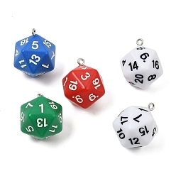 Mixed Color Opaque Resin Pendants, D20 Dice Charms, with Platinum Iron Loop, Mixed Color, 26x20x20mm, Hole: 2mm