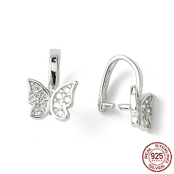 Platinum Rhodium Plated 925 Sterling Silver Micro Pave Cubic Zirconia Pendant Bails, Ice Pick & Pinch Bails, Butterfly, Platinum, 12x8x7mm, Inner: 4x7.5mm, Pin: 1mm