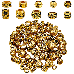 Antique Golden 100Pcs 10 Styles Tibetan Style Zinc Alloy Beads, Column, Antique Golden, 6~8.5x3~8mm, Hole: 2.5~6mm, 10pcs/style