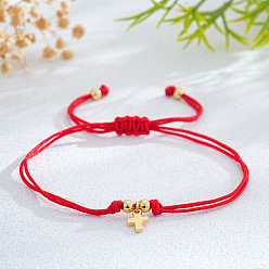Красный Латунь шарм браслеты, плетеные браслеты из волоконного шнура для мужчин и женщин, крестик, красные, внутренний диаметр: 11 дюйм (28 см)