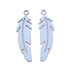 Светлый Стально-синий 430 подвеска из нержавеющей стали, окрашенная распылением, подвески в форме пера, светло-стальной синий, 22x6x0.3 мм, отверстие : 1.1 мм