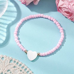 Лавандовый румянец Стрейч-браслеты из бисера, с натуральными пресноводными ракушками, сердце, лавандовый румянец, внутренний диаметр: 2-1/4 дюйм (5.6 см)