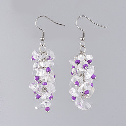 Purple (Jewelry Parties Factory Sale)Dangle Earrings, with Glass Seed Beads, Natural Quartz Crystal Chips Beads and Stainless Steel Earring Hooks, Purple, 63mm, Pin: 0.7mm
