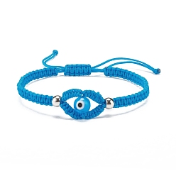 Dodger Blue Lampwork Evil Eye Braided Bead Bracelet, Adjustable Friendship Bracelet for Women, Dodger Blue, Inner Diameter: 2-1/8~3-1/2 inch inch(5.3~8.8cm)