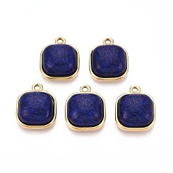 Ляпис-Лазурь Квадратные подвески из натурального окрашенного лазурита, 201 прелести нержавеющей стали, реальный 18 k позолоченный, ионное покрытие (ip), 17.5x14x6~6.5 мм, отверстие : 1.6 мм