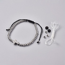 Platinum Brass Braided Bead Bracelets, with Brass Micro Pave Cubic Zirconia Beads, Nylon Thread, Natural Agate Beads and Elastic Crystal Thread, Cross, Platinum, 2-1/8 inch~3-7/8 inch(5.5~10cm)