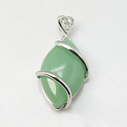 Авантюрин Естественный зеленый авантюрин подвески, с латунной фурнитурой со стразами, лошадиный глаз , 36x17.5x7~9 мм, отверстие : 2.5x4 мм