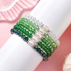 (52) Непрозрачная лаванда 5 Браслеты из стекла и натурального культивированного пресноводного жемчуга, эластичные, для женщин, рондель, разноцветные, бусины : 6.5x5.5 мм, внутренний диаметр: 2.24 дюйм (5.7 см)