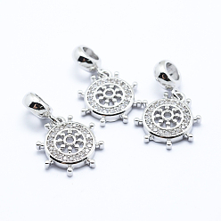 Platinum Brass Micro Pave Cubic Zirconia European Dangle Pendants, Large Hole Pendants, Helm, Platinum, 24mm, Hole: 4mm, Pendant: 15.5x14x3mm