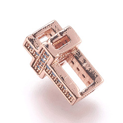 Rose Gold Brass Micro Pave Cubic Zirconia Beads, Lead Free & Cadmium Free, Cross, Light Sky Blue, Rose Gold, 11.5x8x5.5mm, Hole: 1mm and 2x5mm
