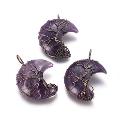 Amethyst Natural Amethyst Tree of Life Wire Wrapped Pendants, with Brass Findings, Crescent Moon, Red Copper, 44~46x26~32x12.5mm, Hole: 6.5x4.5mm